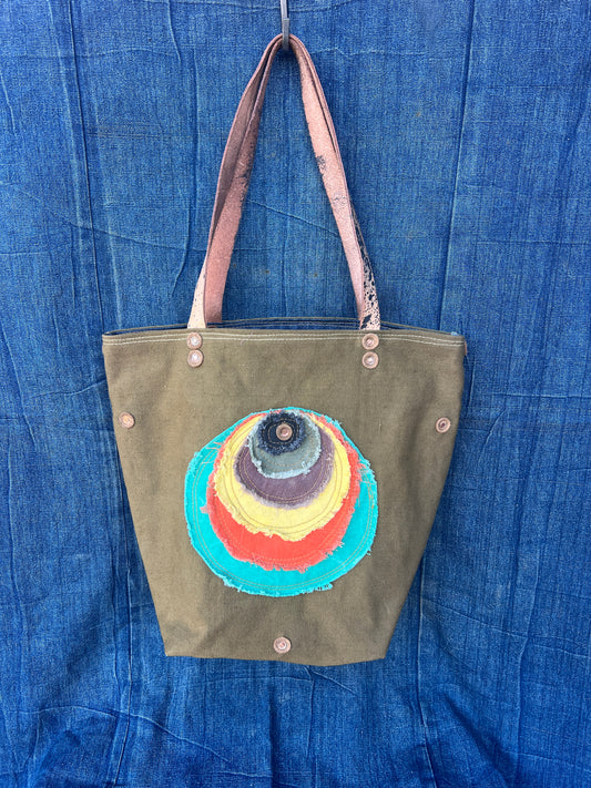 Vintage canvas tote with multicolored circles
