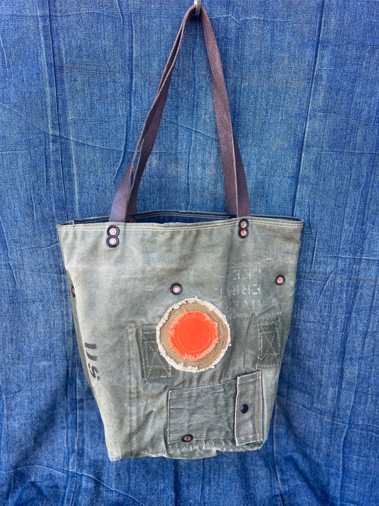Vintage military canvas tote with orange circle patch
