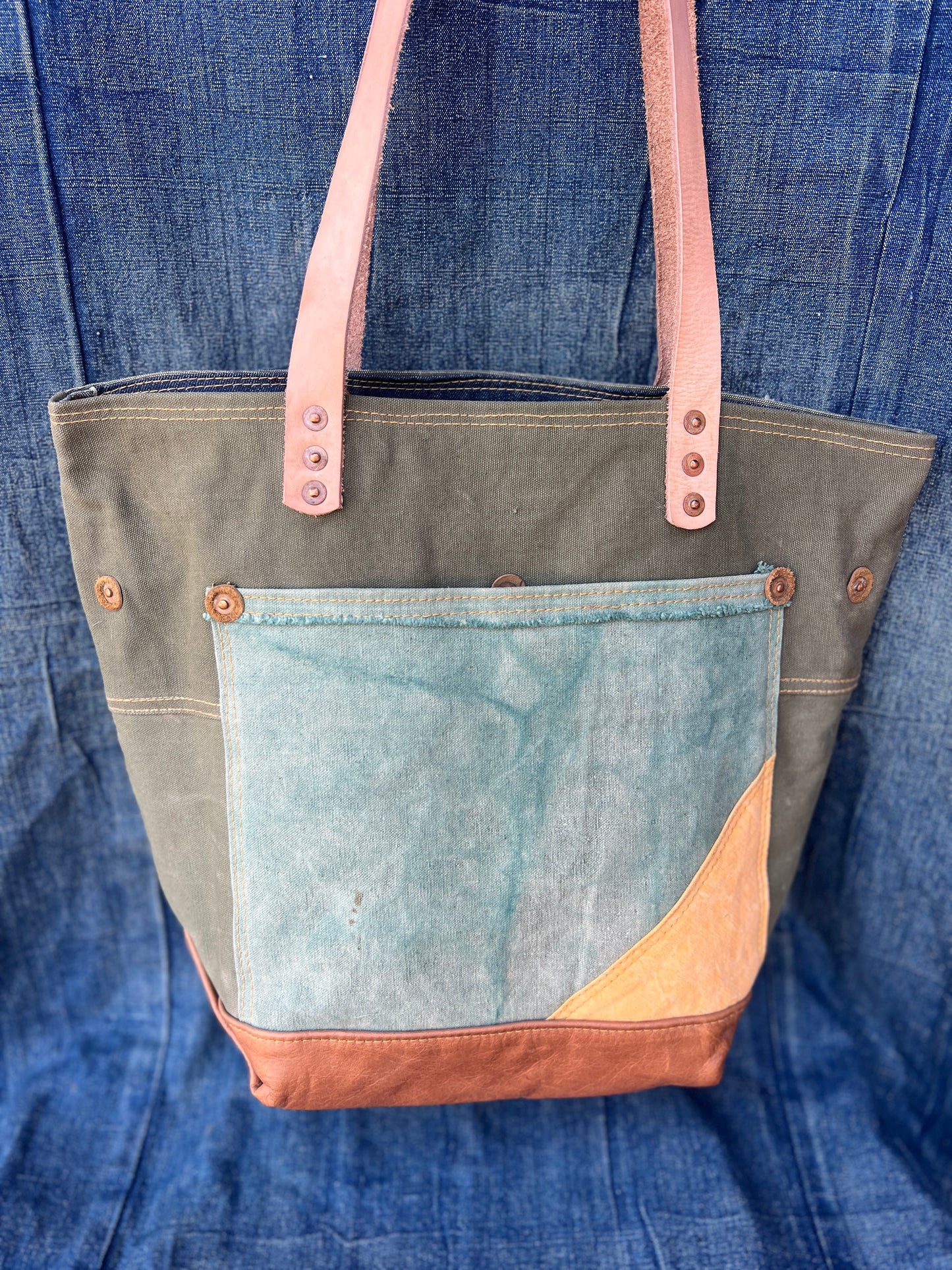 Tote made from various vintage military canvases