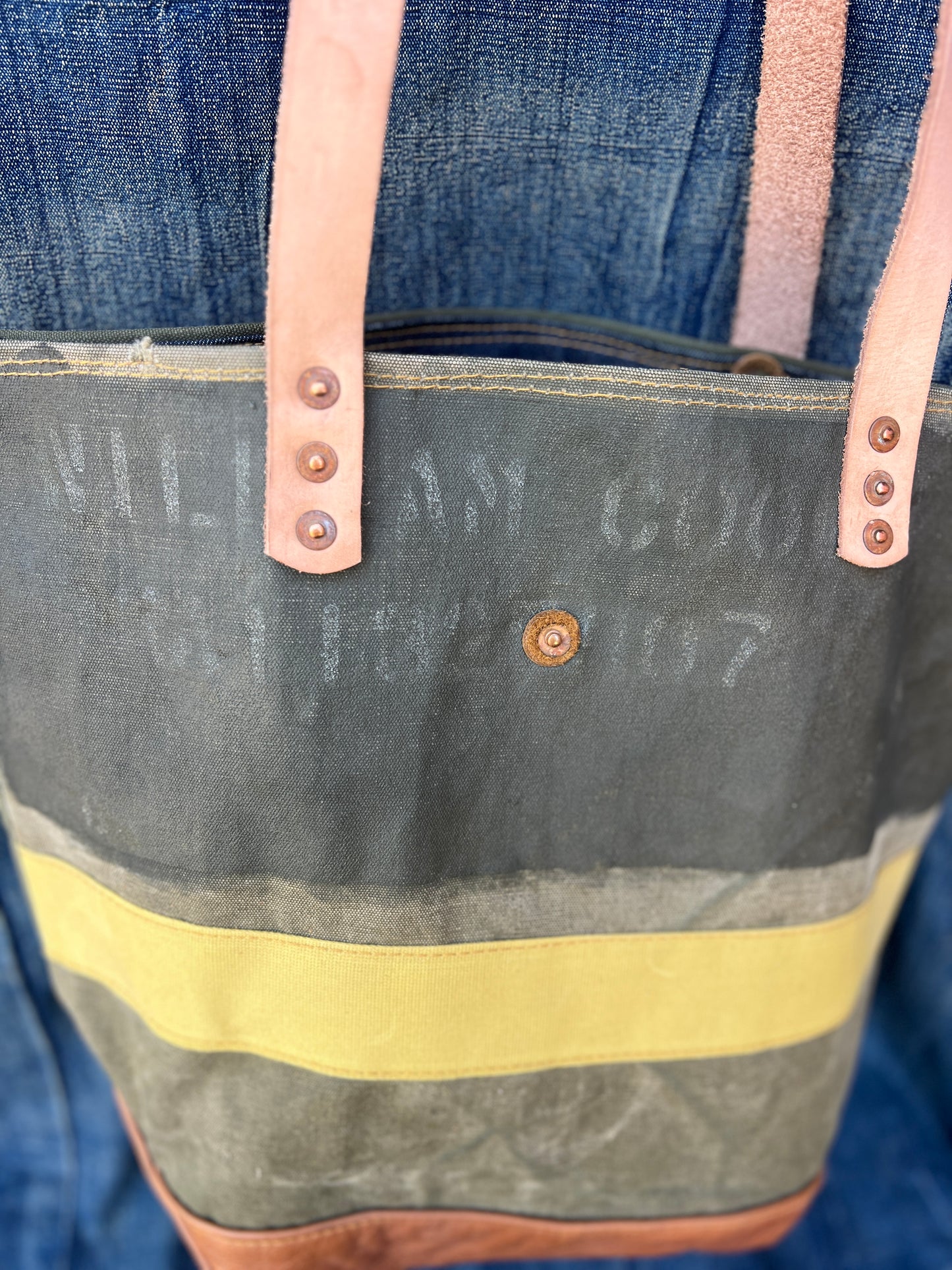 Tote made from various vintage military canvases